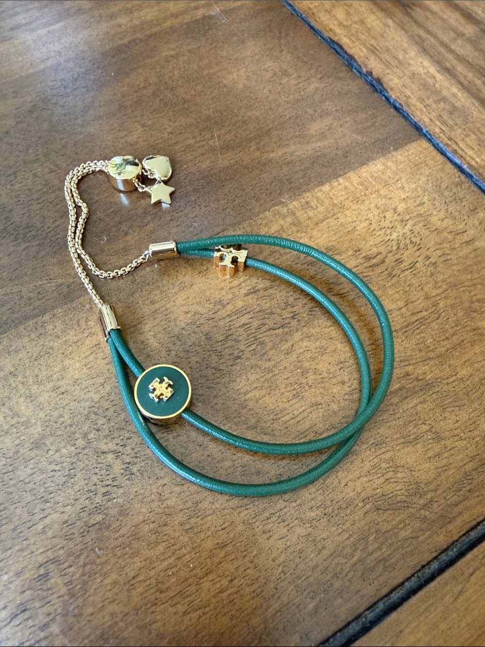 Tory Burch Green Double-Strand Bracelet with Gold Logo Accents with Pouch
